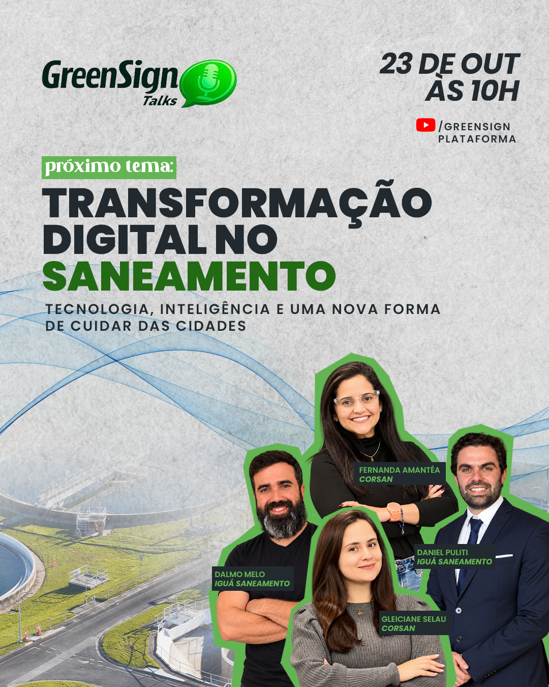Arte conceito do GreenSign Talks sobre transformação digital no saneamento